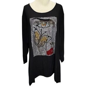 Gardy Pop Art Tunic Top L Black Rhinestones Appliques Face Butterfly Avant Garde